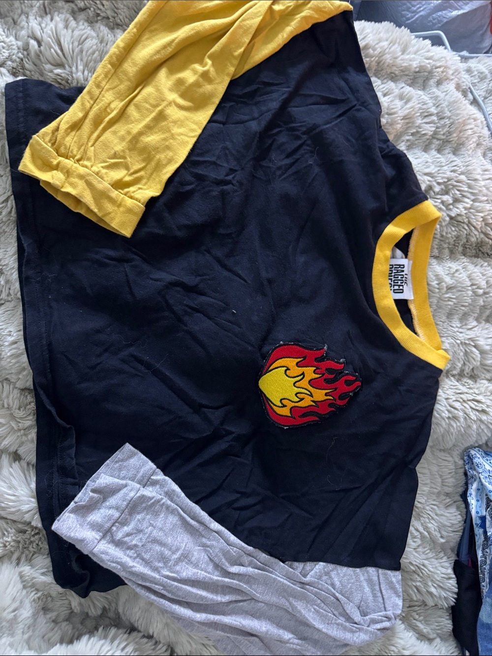 Kids Black Long-Sleeve Ringer Shirt with Yellow Sleeves and Flame Patch